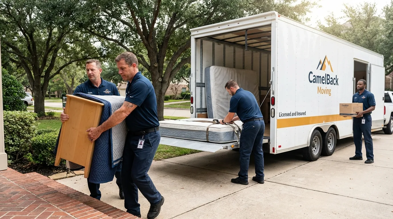 Crew loading residential truck for cross-state move from Sierra Blanca, TX