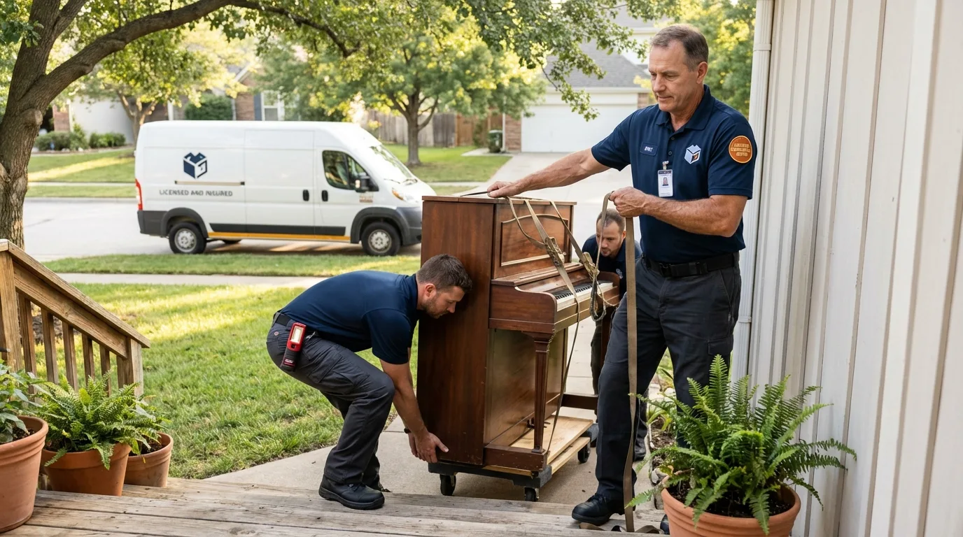 Licensed piano movers securing grand piano in Sierra Blanca, TX