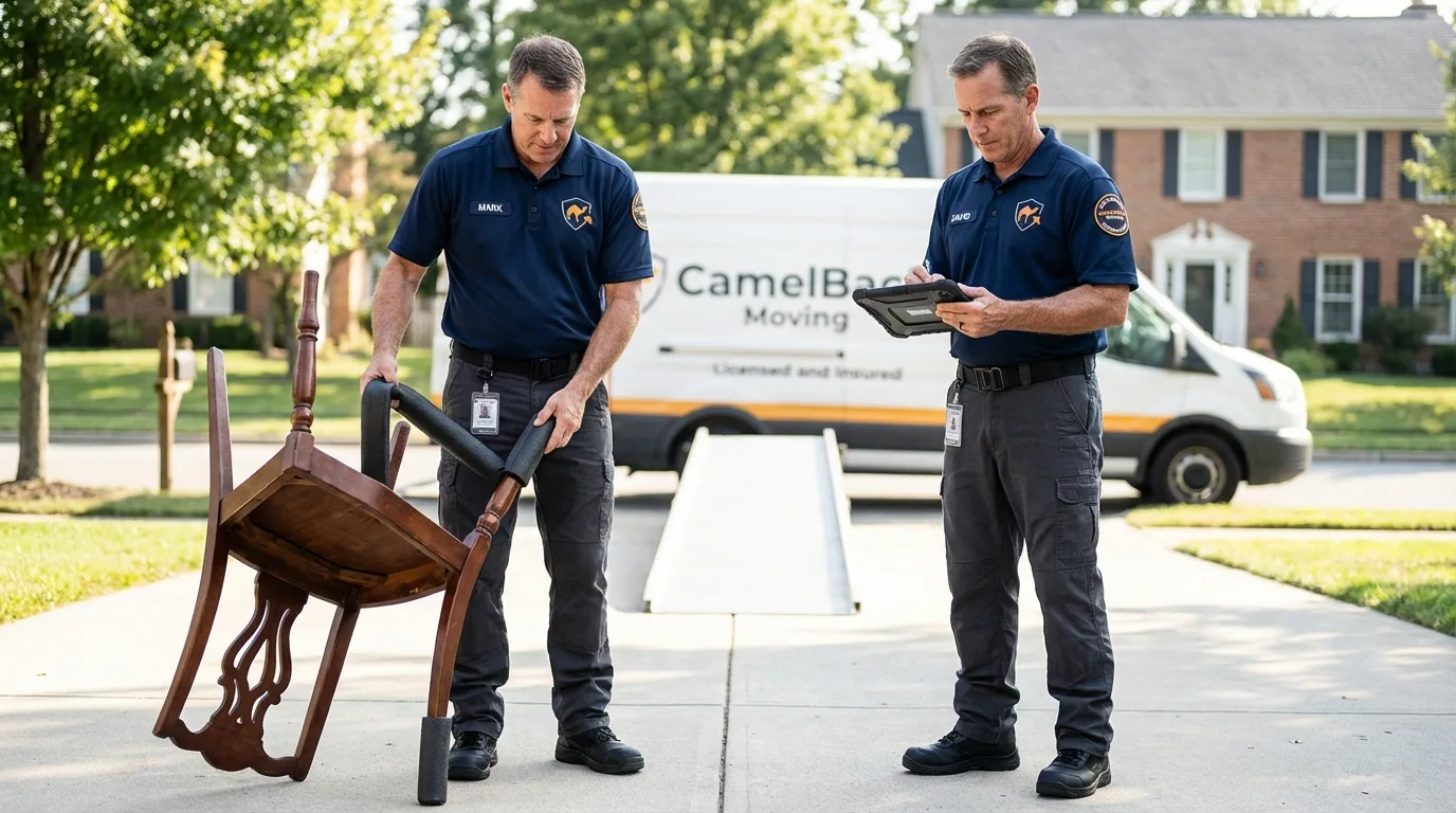 Movers inspecting furniture for damage prevention before loading in Sierra Blanca, TX