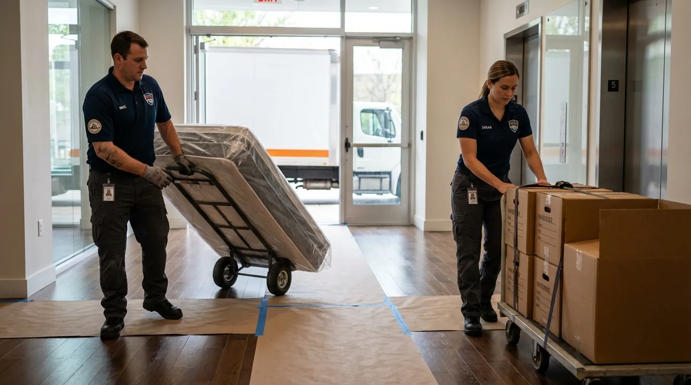 Professional apartment movers loading elevator in Sierra Blanca, TX