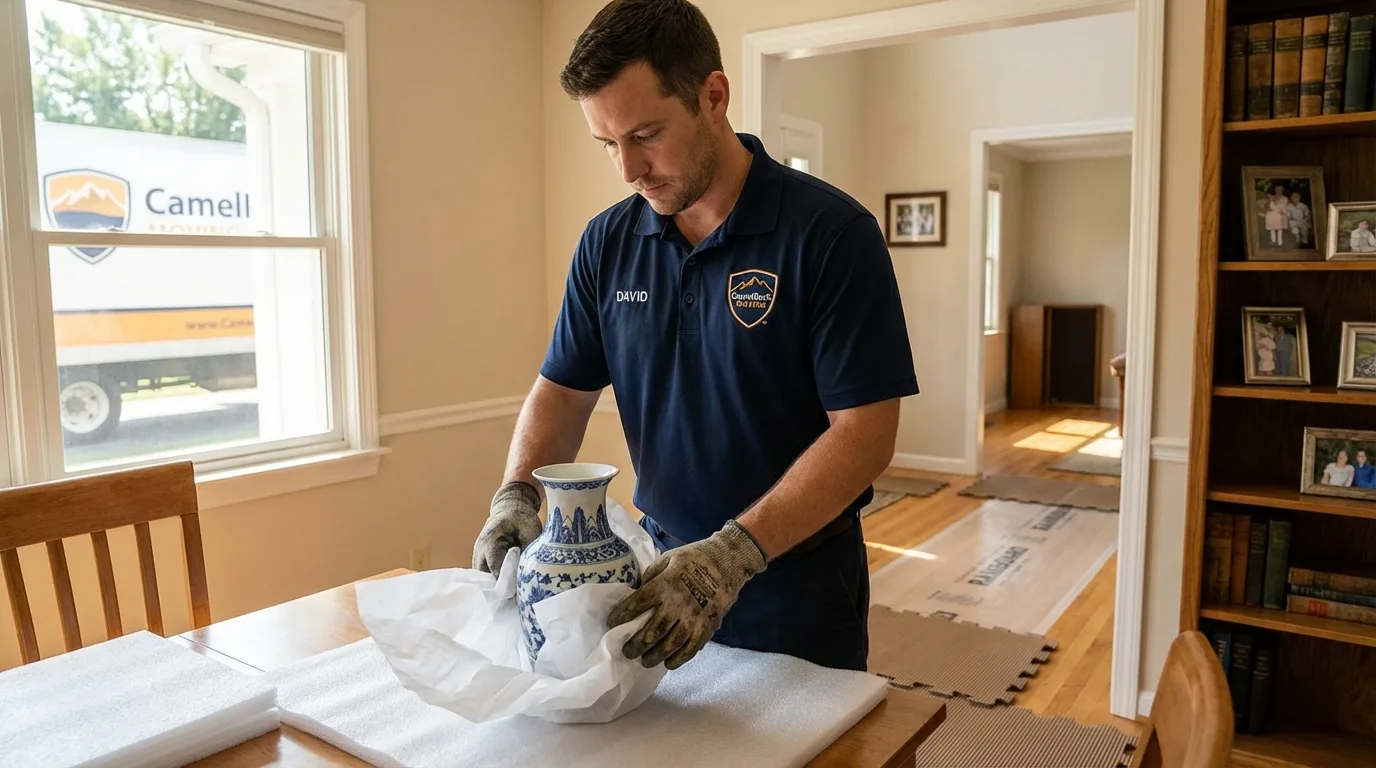 Professional crew carefully wrapping antique vase for senior downsizing move in Sierra Blanca, TX